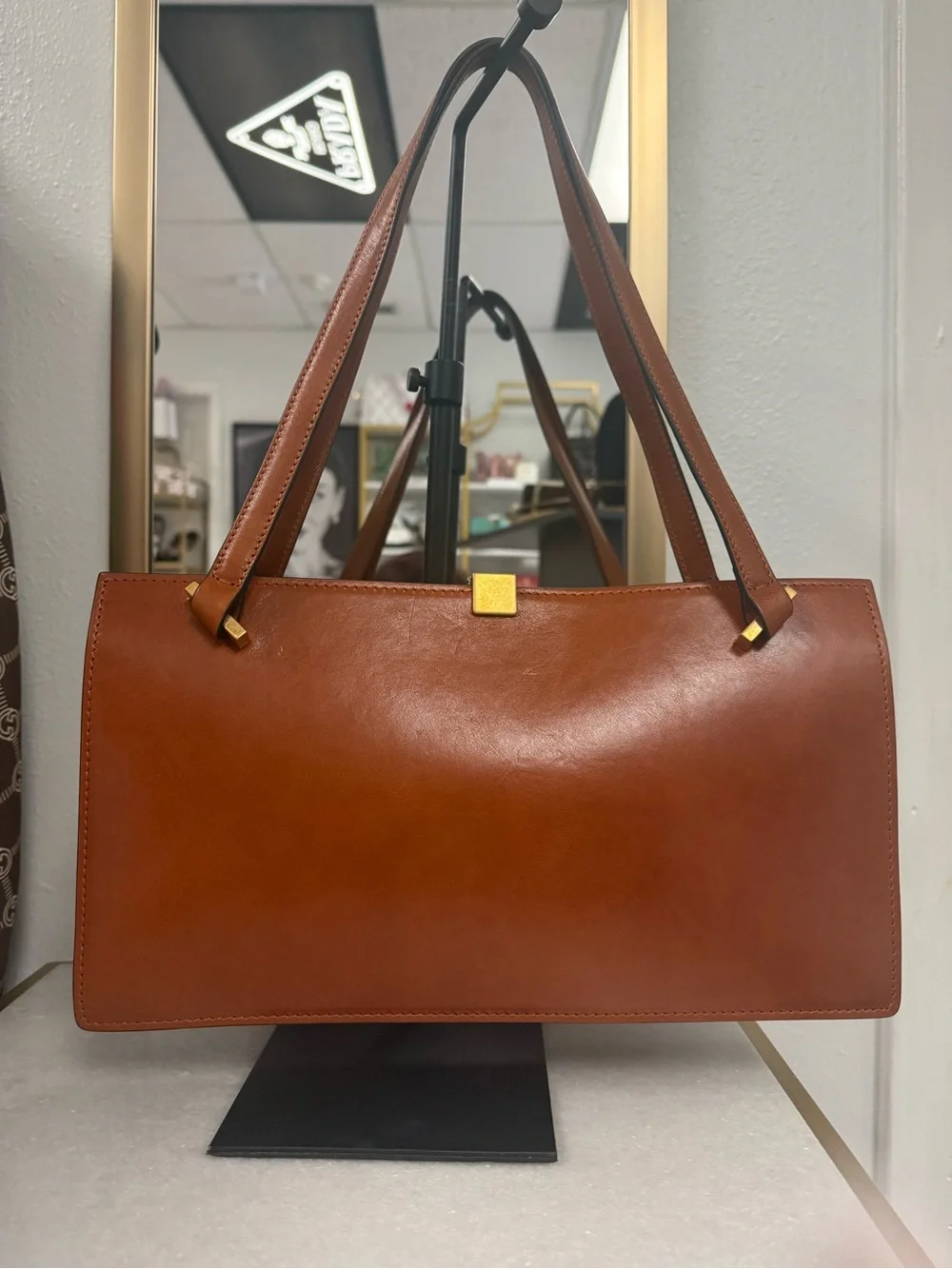 Versace Tan Leather Tote with Gold Medusa Lock